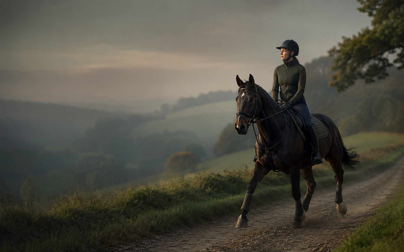 Rider and dark bay horse travelling through the English countryside at dawn