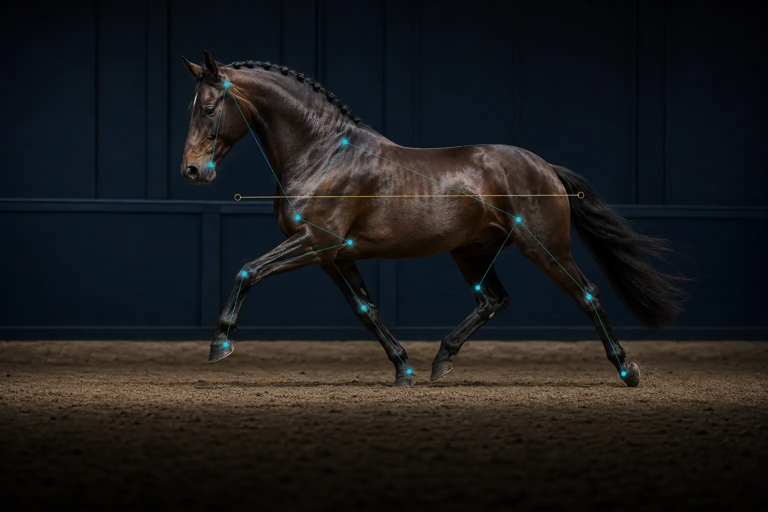 Dark bay horse in collected trot with subtle joint and balance tracking